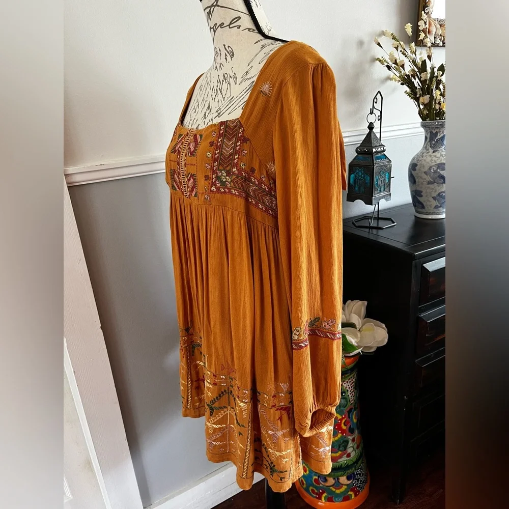 NWT Free People Mustard Yellow Bishop Sleeve Sundress Embroidered Small Mini